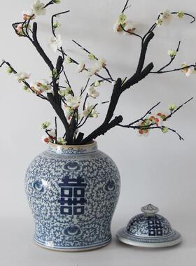 中号青花瓷器陶瓷花瓶客厅仿古将军罐盖罐瓷器中式花器摆件