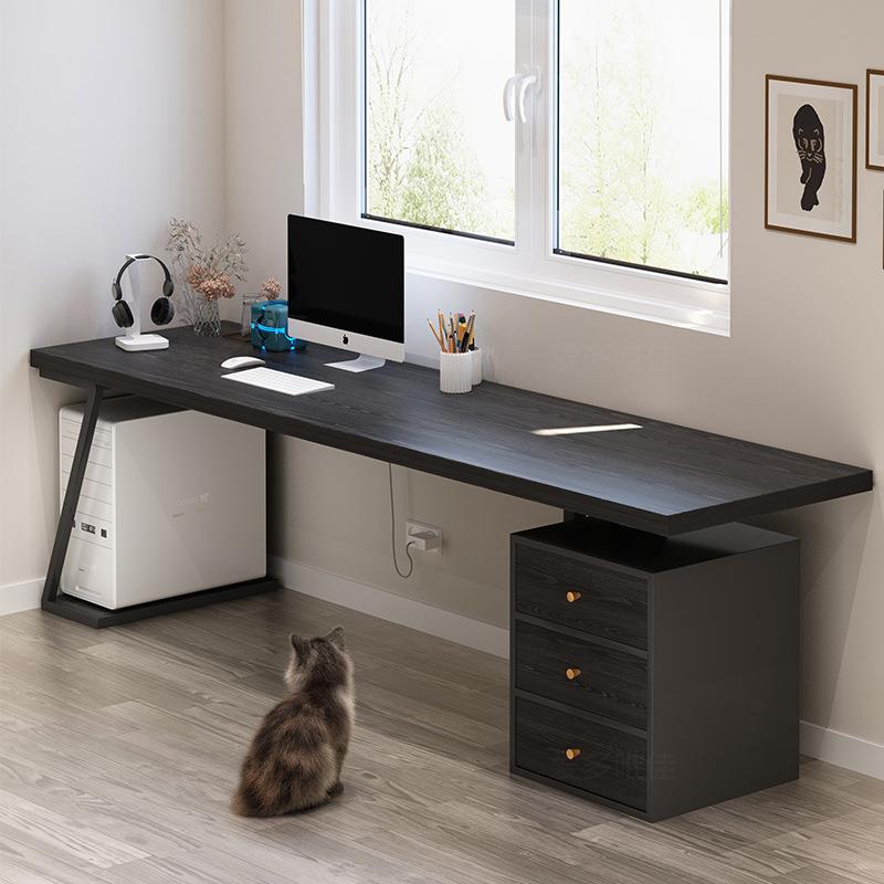 意式黑色实木电脑台式桌家用超大办公桌带抽屉电竞桌双人长条书桌