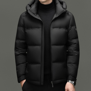 花花公子商务休闲短款羽绒服男连帽加厚黑色时尚都市外套冬季保暖