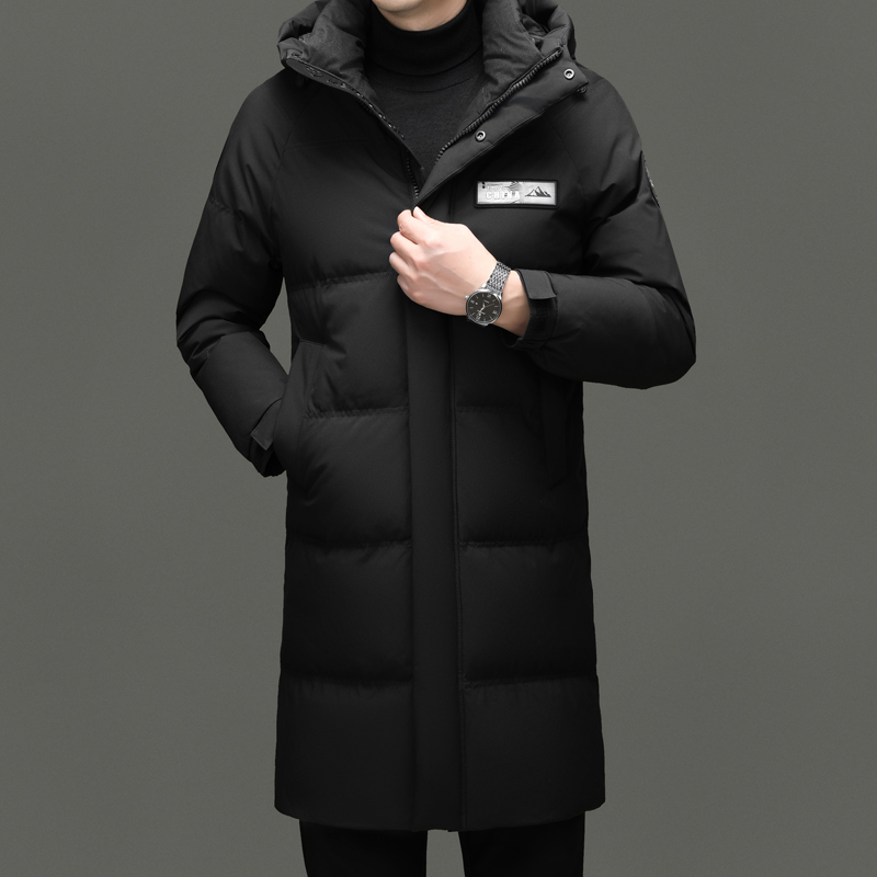 花花公子龟背黑色中长款羽绒服男