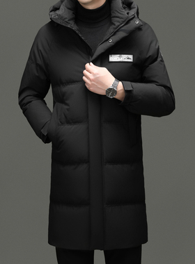 花花公子龟背黑色中长款羽绒服男连帽加厚保暖外套2025秋冬季新款