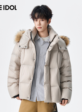 Idle Idol2025冬季新款羽绒服男短款可脱卸毛帽时尚云感泡芙外套