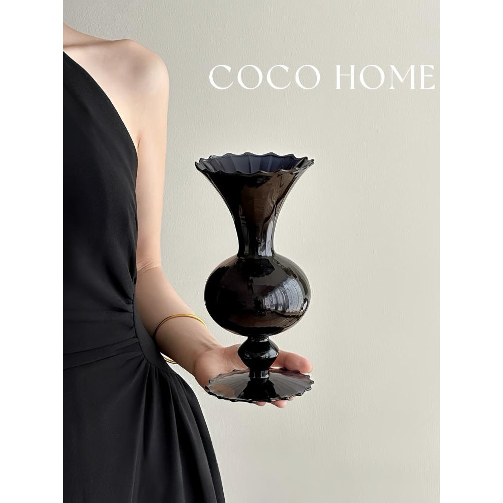 COCO 花瓶摆件客厅插花玻璃高级感中古黑色法式餐桌水培干花装饰
