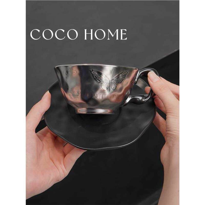 COCO 暗银轻奢蝴蝶陶瓷特色咖啡杯碟创意高颜值家用马克杯子茶杯