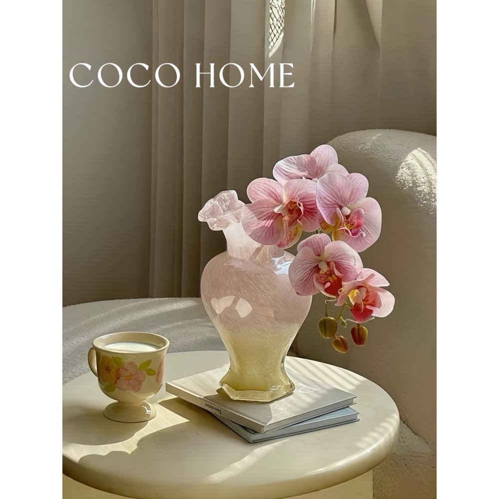 COCO ins风粉色芬顿玻璃花瓶中古人鱼姬琉璃花器插花水养装饰法式