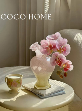 COCO ins风粉色芬顿玻璃花瓶中古人鱼姬琉璃花器插花水养装饰法式