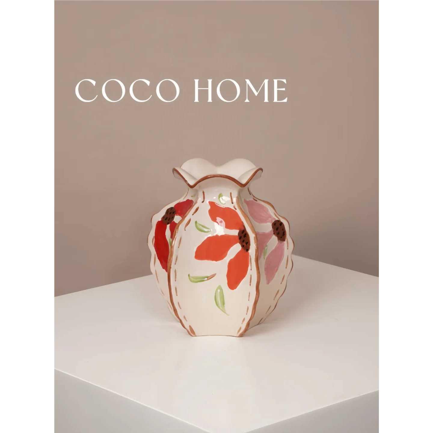 COCO 五边形手彩陶瓷花瓶客厅茶几可水培花插新中式彩绘家居摆件