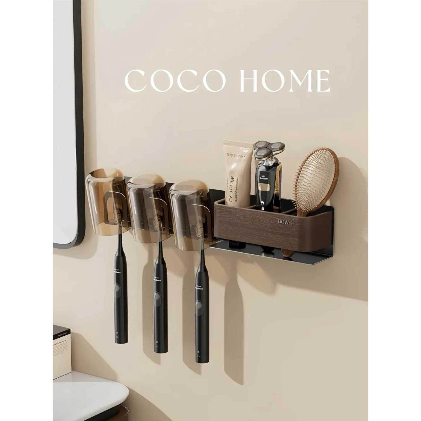COCO 塑木吸盘牙刷置物架卫生间支架壁挂式牙刷杯漱口杯架