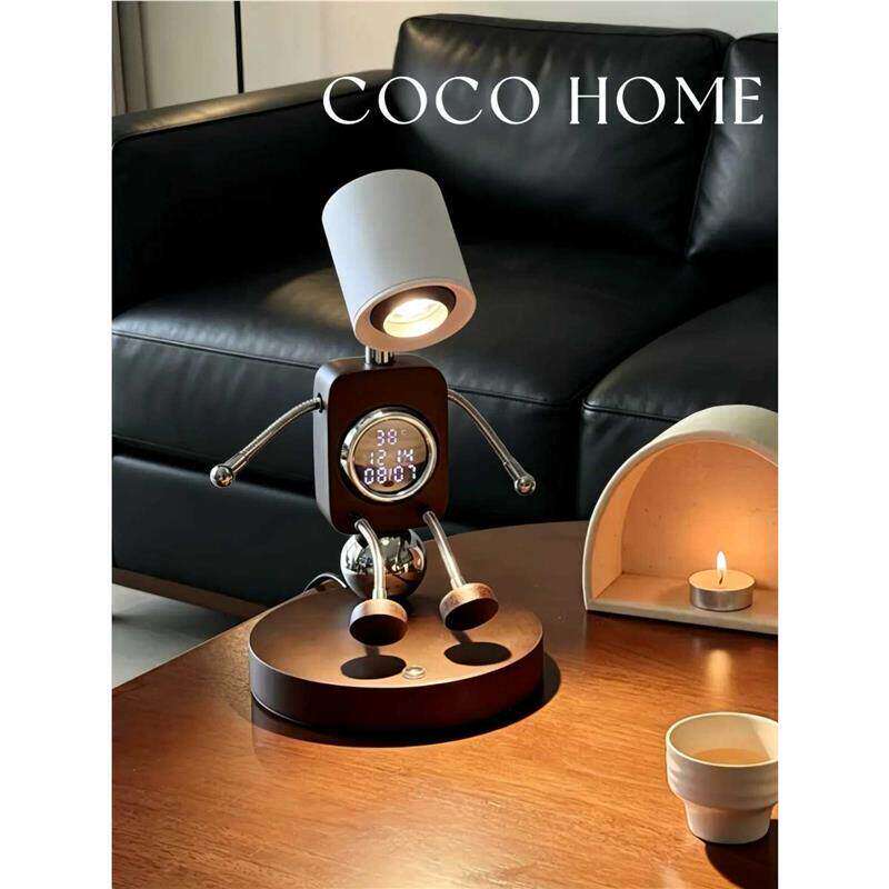 COCO 机器人时钟台灯卧室床头复古实木桌面趣味摆件创意礼物小灯