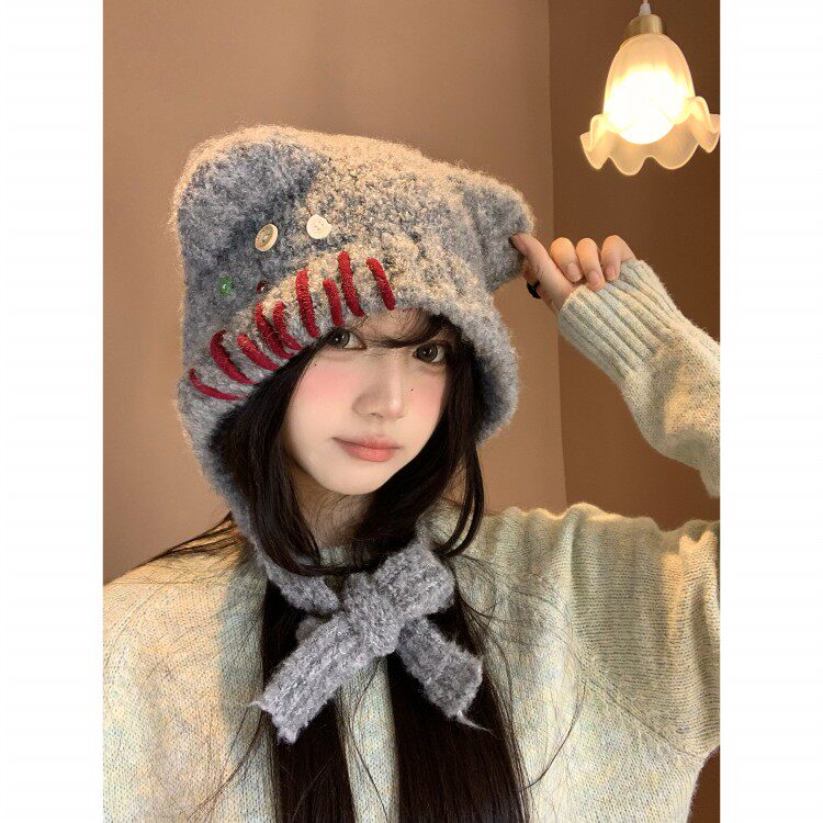 可爱纽扣小熊耳朵针织帽女秋冬季2026毛绒灰色毛线帽保暖护耳帽子