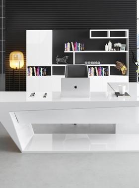 时MS-LBZ3尚办公家具烤老板桌漆白色总裁桌经理桌主角管桌转美办