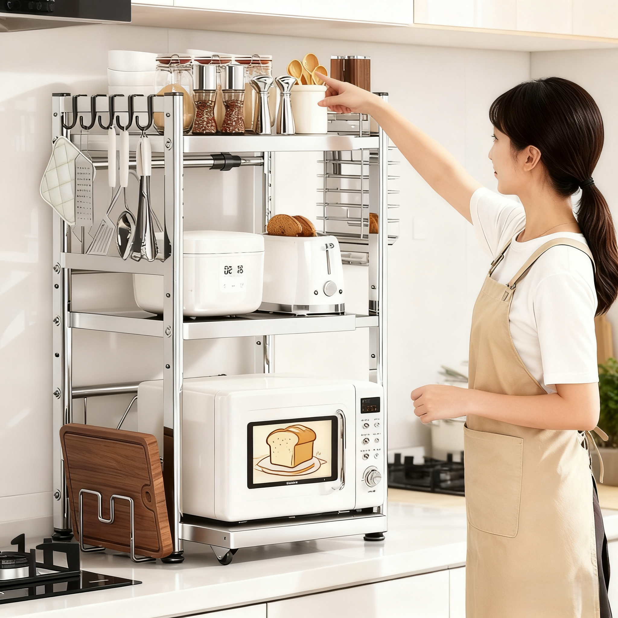 不锈钢可抽拉厨房置物架微波炉架子多功能家用台面放电饭煲收纳架