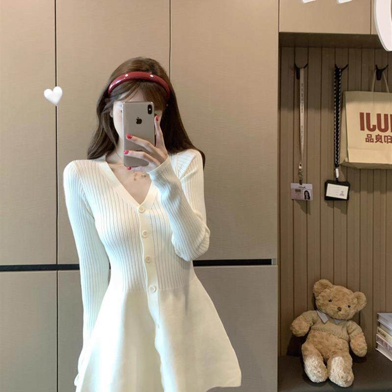 2025秋季新款纯欲风V领长袖针织连衣裙辣妹风修身收腰A字裙短裙女,女装/女士精品,连衣裙,淘宝优惠券,粉丝福利购,淘宝优惠卷
