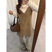 韩系复古蕾丝花边V领吊带连衣裙女秋冬宽松显瘦内搭打底背心裙子