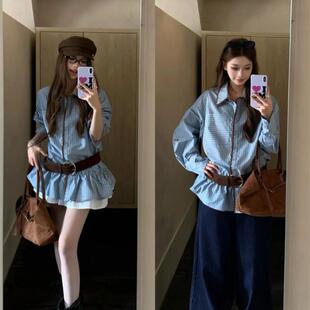 小个子bf慵懒风叠穿衬衣外套 裙女秋季 蓝色条纹高级感翻领长袖 衬衫