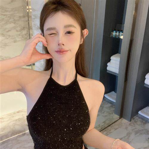 纯欲辣妹修身挂脖吊带小背心内搭女夏装黑色闪闪亮片露背打底上衣