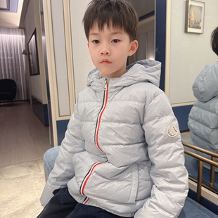 定制蓝轻巧保暖亮面儿童连帽羽绒服男女童轻薄短款白鸭绒柔软外套