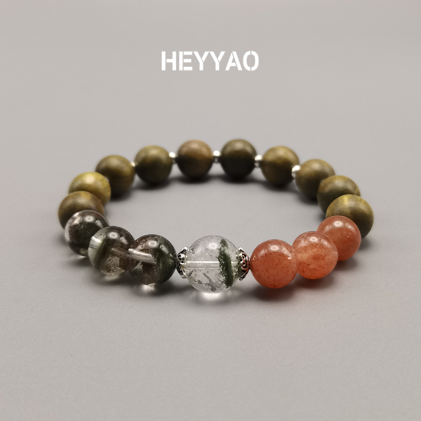 HEYYAO怡然手串绿幽灵绿檀木金太阳天然水晶新中式原创手链送礼