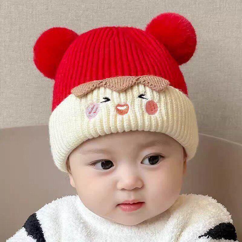 婴幼儿秋冬季毛线帽可爱保暖毛球护耳男女宝宝新年大红色冬天加厚