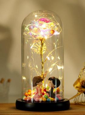 情人节礼物日本七彩24k金箔花彩金仿品带灯永生玫瑰花玻璃罩礼盒