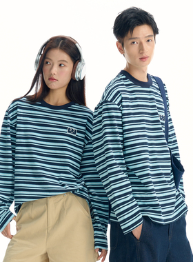 TGWALL「美好邮件」春秋撞色条纹情侣长袖T恤男女刺绣打底衫上衣