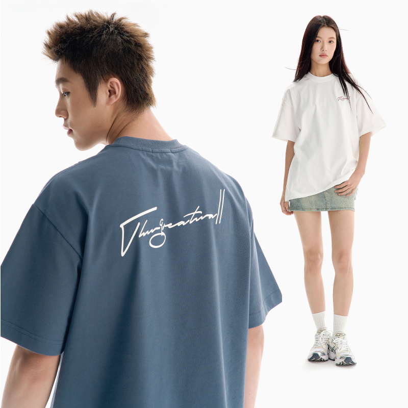 TGWALL「美好记录」手写后背印花圆领宽松纯棉街头情侣短袖T恤男