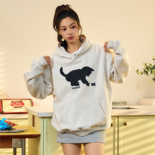 TGWALL「像素猫」发泡趣味印花国潮秋冬情侣休闲宽松连帽衫 卫衣男