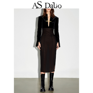 高级感连衣裙 DALIO丝绒醋酸拼接透视立领深V开衩性感长裙时尚