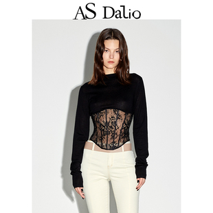 【杨紫同款】AS DALIO真丝羊绒针织衫拼接鱼骨镂空蕾丝设计上衣