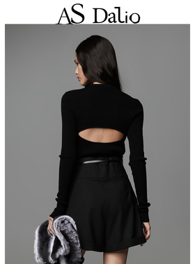 AS DALIO黑色羊毛镂空套头衫修身显瘦露背性感针织衫百搭长袖上衣