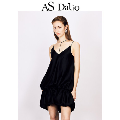 ASDALIO黑色醋酸花苞吊带裙