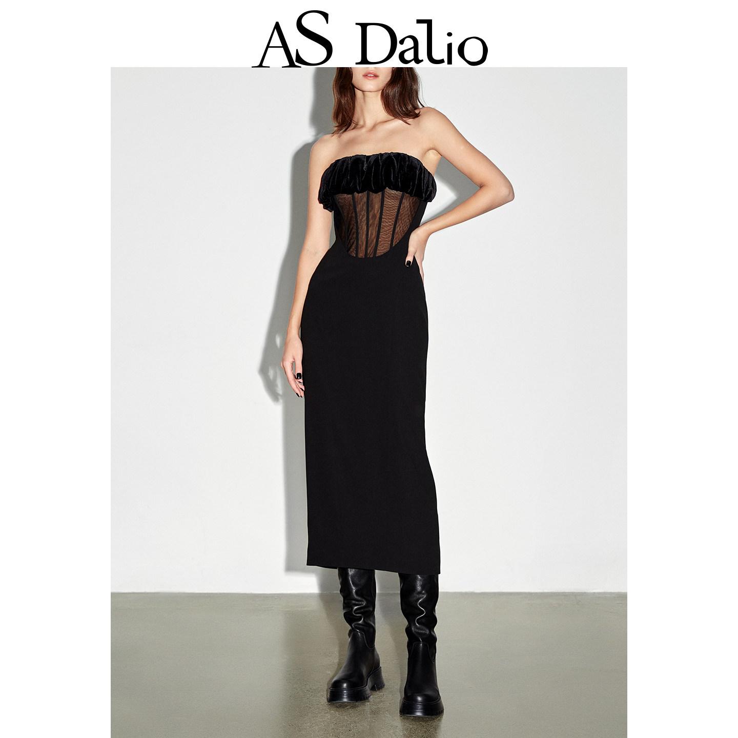【李慧珍同款】AS DALIO黑丝绒真丝内里网纱镂空抹胸礼服连衣裙,女装/女士精品,连衣裙,淘宝优惠券,粉丝福利购,淘宝优惠卷