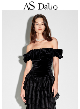 【宣璐同款】AS DALIO丝绒真丝内里云朵造型短泡泡一字领短上衣