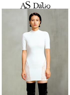 AS DALIO修身白色蕾丝拼接连衣裙半高领五分袖收腰包臀连衣裙短裙