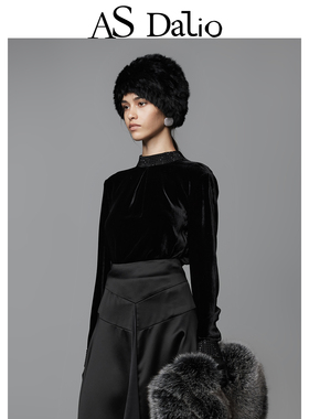 【周冬雨同款】AS DALIO复古黑水晶真丝丝绒衬衫半高领烫钻上衣女