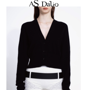 AS DALIO黑色精致开衫山羊绒时尚百搭短款针织上衣堆堆袖气质简约