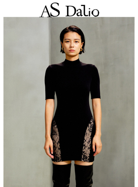 AS DALIO修身黑色蕾丝拼接连衣裙半高领五分袖收腰包臀连衣裙短裙