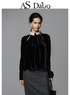 【鹿先森乐队同款】AS DALIO黑色真丝丝绒撞色翻领衬衫复古上衣女