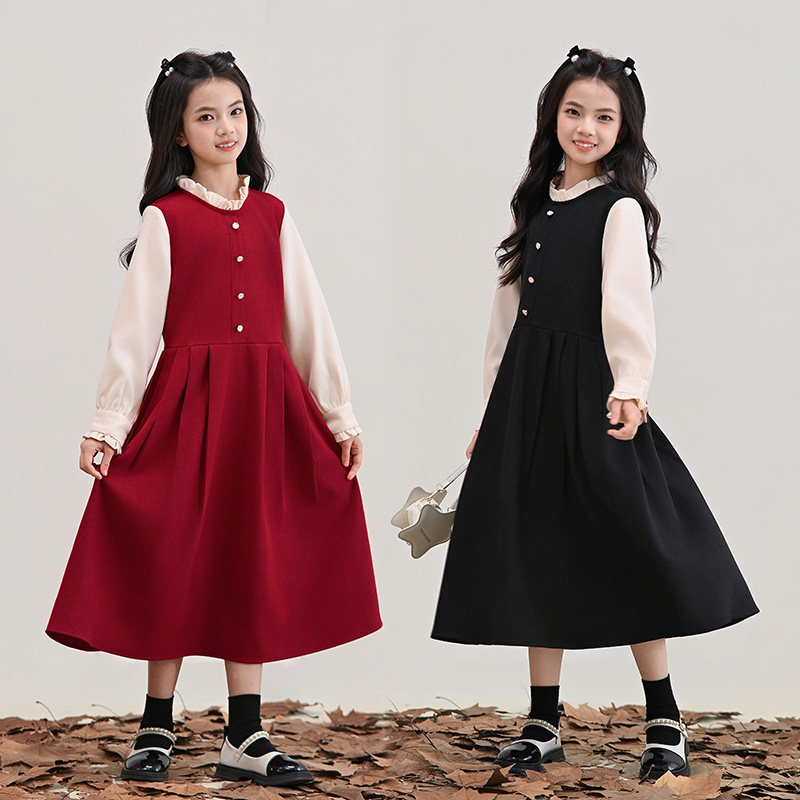 女童秋冬加绒连衣裙2025新款中大童赫本风拼接收腰裙子女孩时尚裙