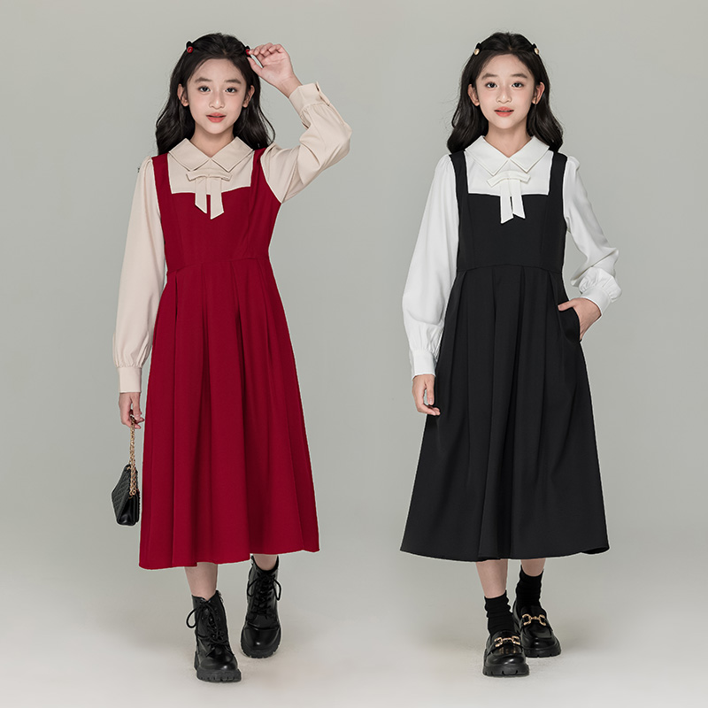 女童秋冬简约假两件连衣裙2025新款中大童韩版女孩宽松学院风裙子