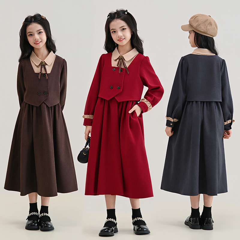女童简约红色学院风连衣裙2025新款中大童韩版宽松裙子女孩时尚裙