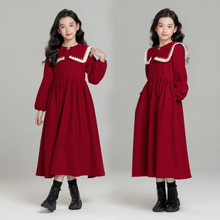 女童红色秋冬连衣裙2025新款中大童韩版简约加绒裙子女孩时尚长裙