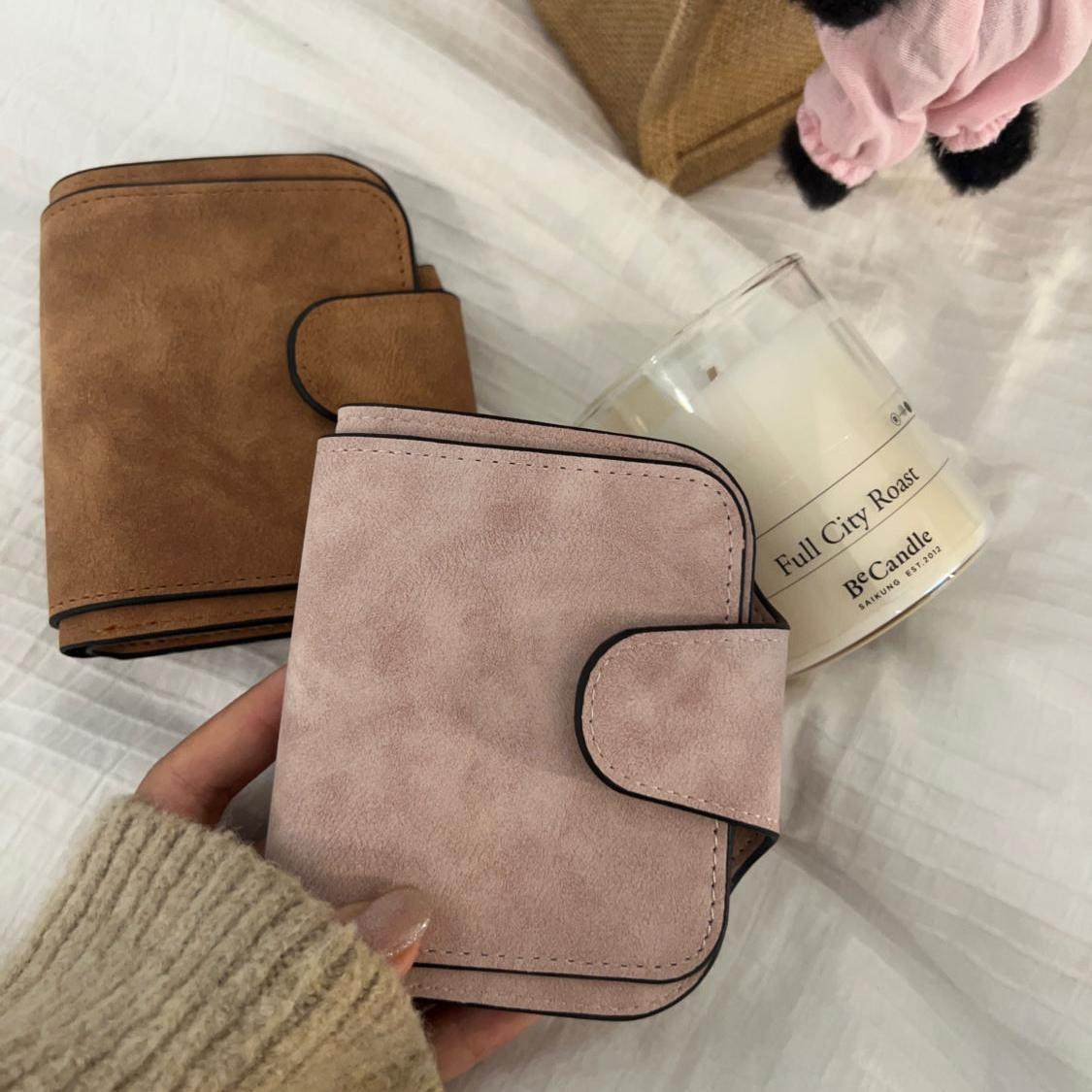 复古棕色短款便携钱包女士卡包可折叠多卡位零钱包一体钱夹