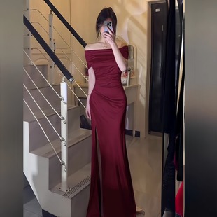 小可wiwi法式 纯欲气质红色连衣裙女开叉性感生日宴会订婚晚礼服裙