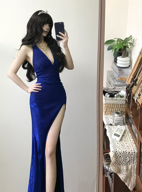 小可wiwi性感气质挂脖闪闪蓝色连衣裙女名媛年会宴会走秀晚礼服裙