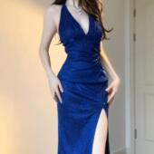小可wiwi蓝色连衣裙成人礼生日party绝美高级感晚礼服主持人长裙