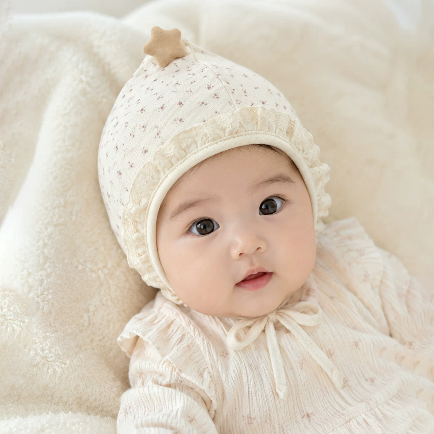 婴儿帽子秋季宝宝碎花星星帽蕾丝护耳绑带新生儿胎帽柔软男女童帽