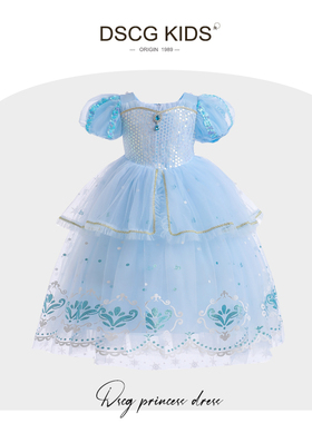 爱莎公主裙女童夏季蓝色冰雪奇缘艾莎连衣裙儿童爱沙连衣裙子新款