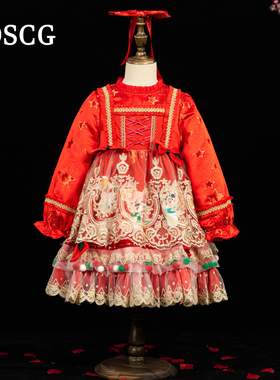 童装洛丽塔女童公主裙秋冬加绒圣诞节服装红色儿童萝莉塔连衣裙子