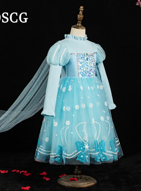 爱莎公主裙春秋女童冰雪奇缘艾莎elsa蓝色万圣节儿童生日连衣裙子